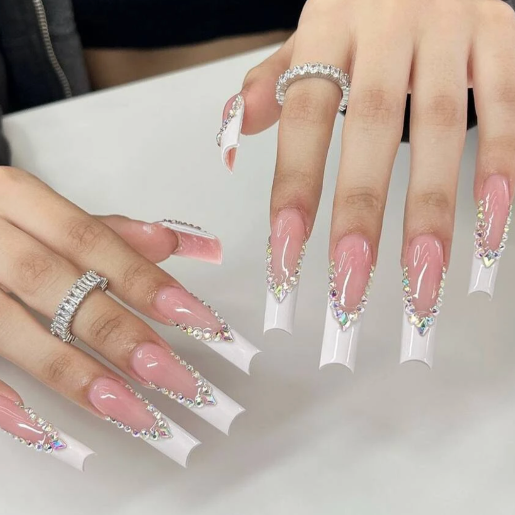 Fancy Tapered French  Tapered French Rhinestone Nails